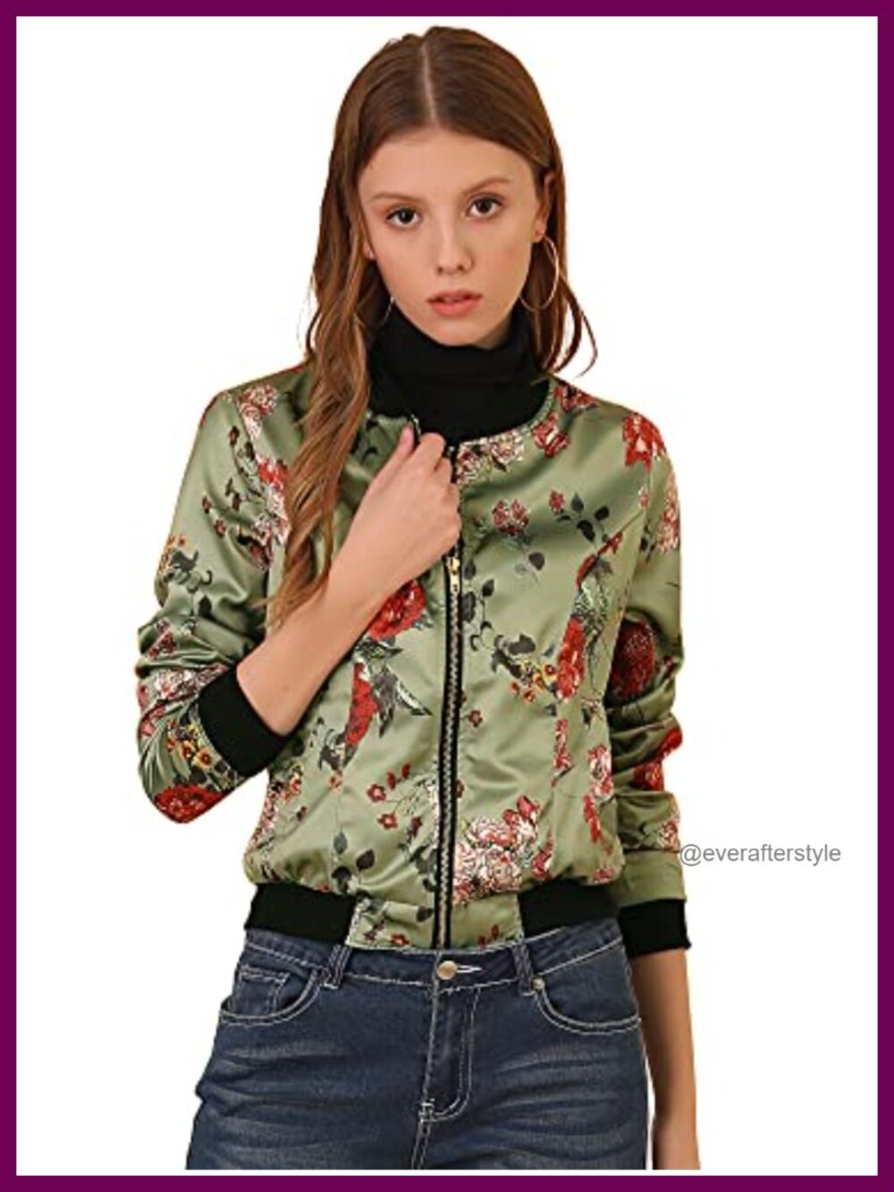 Satin Bomber Jacket Long Sleeve Floral Lightweight Casual Coat with Pockets